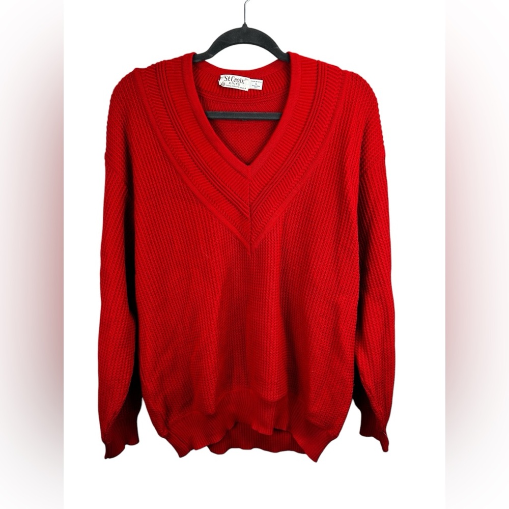 St. Croix Knits Red 100% Zephyr Wool V-Neck Knit Sweater - Size L